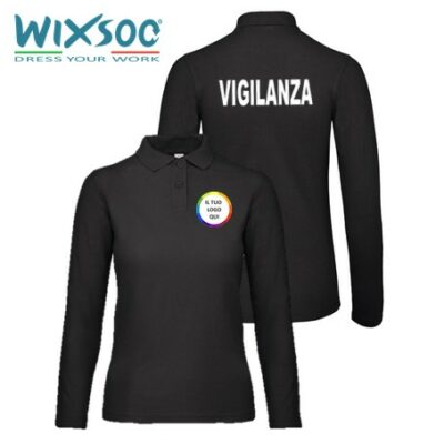 wixsoo-polo-donna-ml-nera-personalizzata-logo-fronte-retro-vigilanza