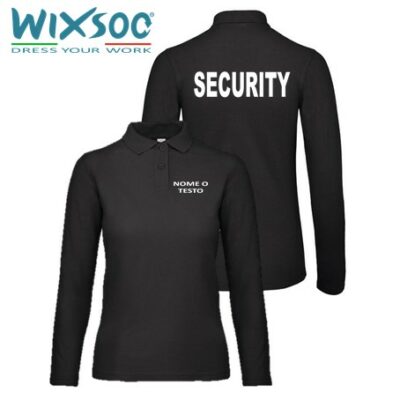 wixsoo-polo-ml-donna-personalizzata-nera-testo-fronte-retro-security