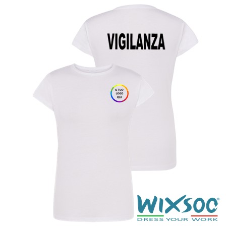 wixsoo-t-shirt-donna-bianca-personalizzata-vigilanza-logo-fronte-retro